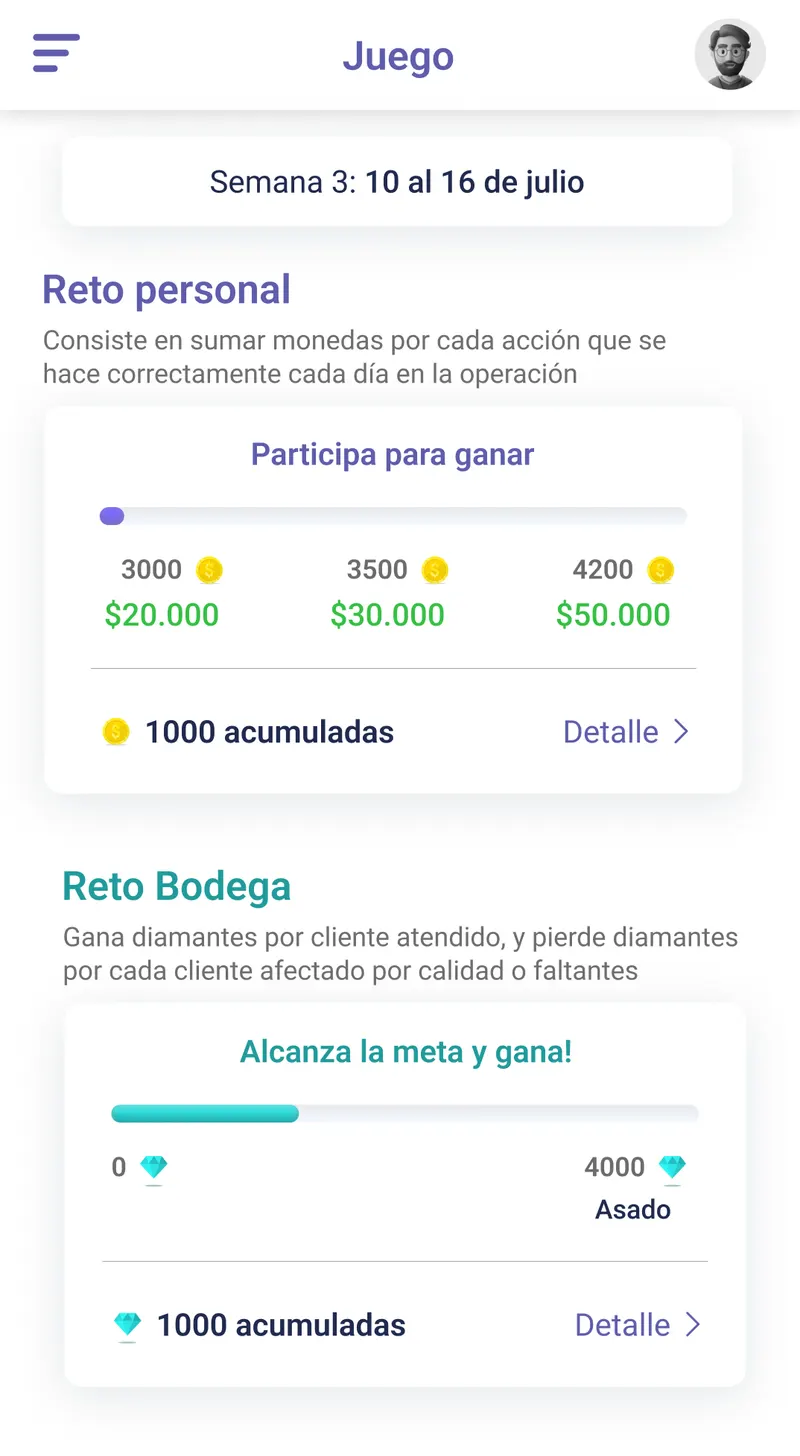 Game screen of the gamification layer: a personal challenge with reward tiers and a warehouse challenge with a progress bar.