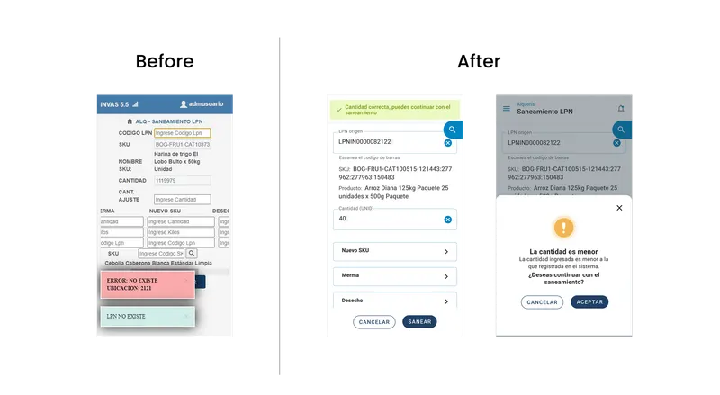 Before and after of the reconciliation screen: a dense form with raw system errors, and a guided screen with a confirmation banner and a warning dialog.