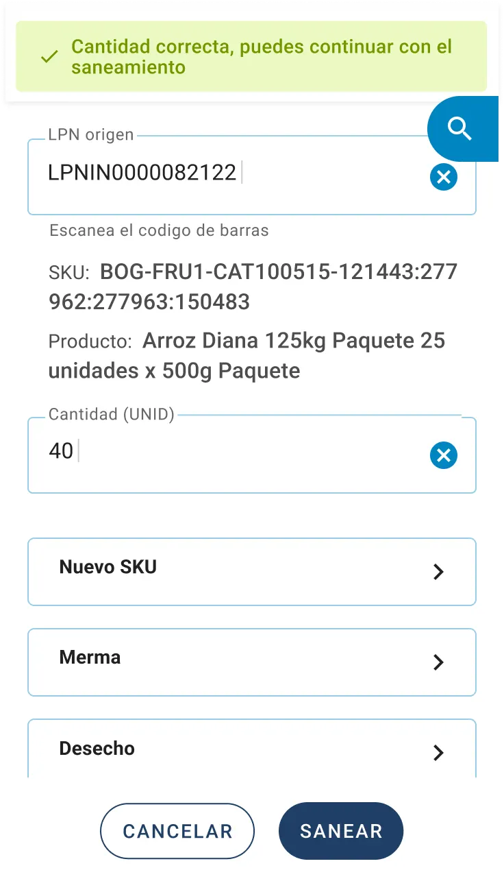 Redesigned reconciliation screen: a confirmation banner, scanned LPN and quantity fields, adjustment options and Cancel and Reconcile buttons.