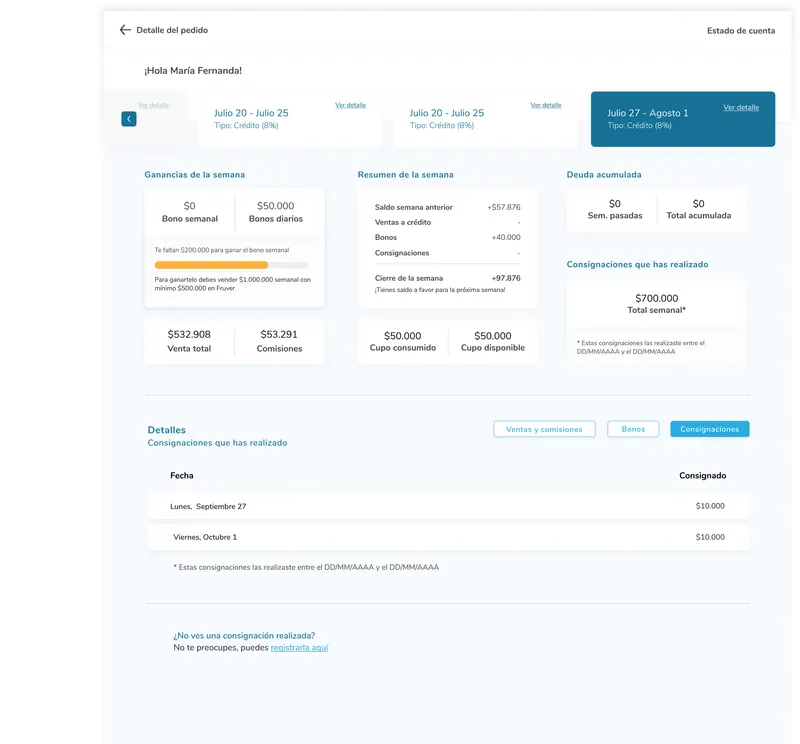 Statement detail on desktop: week selector, earnings, weekly summary, debt, credit limit used and available, and the list of deposits made.