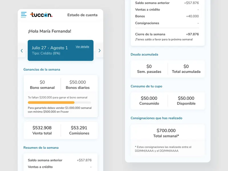 Leader account statement on two phone screens: weekly earnings and bonus progress, weekly balance, accumulated debt and credit limit.