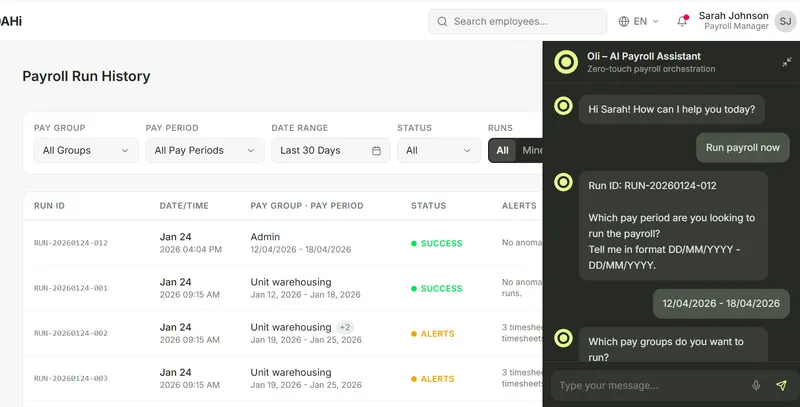Payroll with Zero Touch Payroll: the payroll run history beside the AI payroll assistant, where the user asks to run payroll and the assistant asks for the pay period and pay groups.