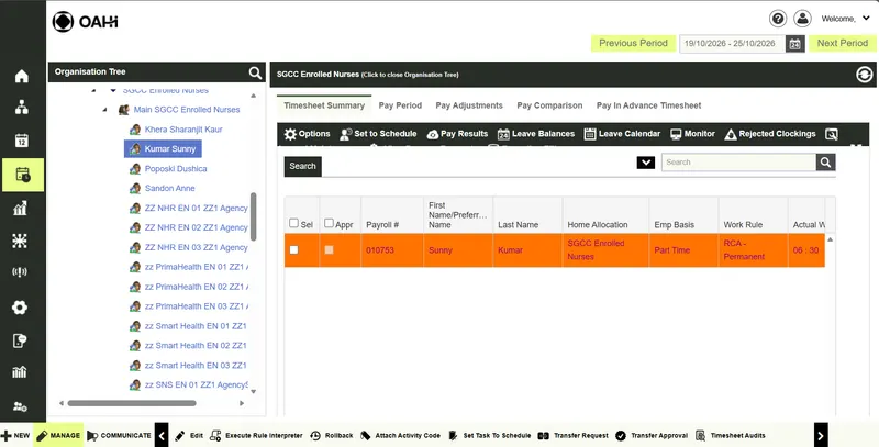 Legacy payroll screen before Zero Touch Payroll: an organisation tree, a timesheet summary table and long rows of tabs, toolbars and actions to navigate.